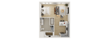 A top-down view of a small apartment with a kitchen, living room, and bathroom.
