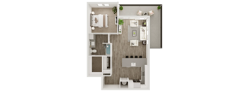 A top-down view of a modern apartment with a kitchen, living room, and bathroom.