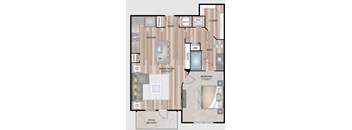 A floor plan of a home with a kitchen, bathroom, and bedroom.