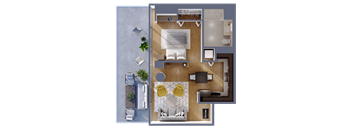 A top-down view of a living room, kitchen, and dining area.