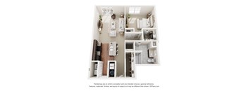 A 3D floor plan of a small apartment with a kitchen, living room, and bathroom.