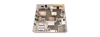 A top-down view of a modern apartment with a living room, kitchen, and bedroom.