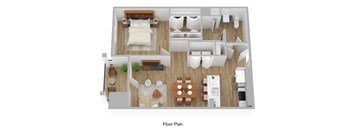 A floor plan of a house with a bedroom, living room, kitchen, and bathroom.