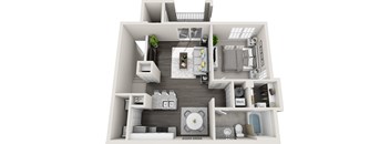 A 3D floor plan of a modern apartment with a kitchen, living room, and bathroom.