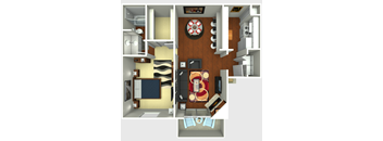 a 3d rendering of a bedroom with a living room and dining room
