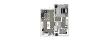 A top-down view of a modern apartment layout with a kitchen, living room, and bedroom.