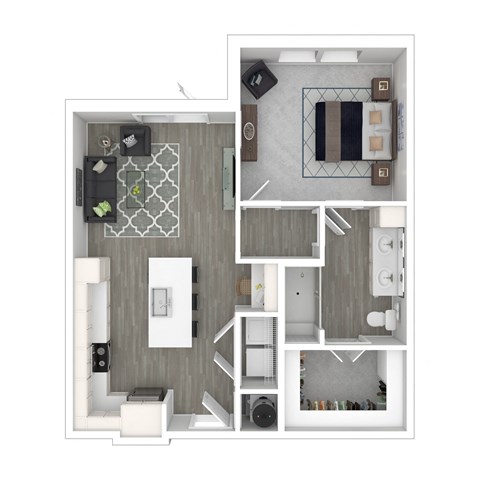 A top-down view of a modern apartment layout with a kitchen, living room, and bedroom.