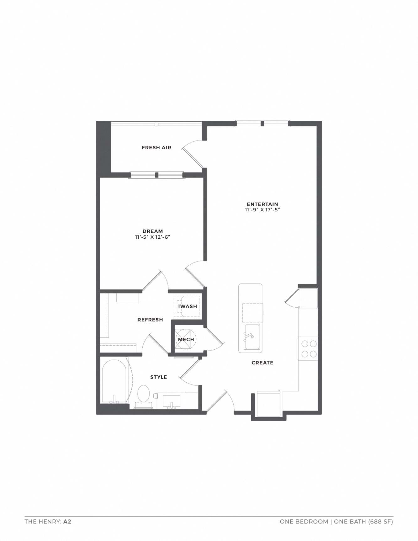 A floor plan of a one bedroom apartment with a bath.