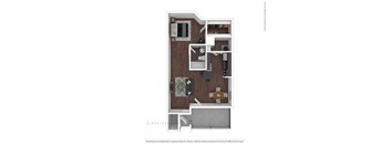 A floor plan of a small apartment with a kitchen, living room, and bathroom.
