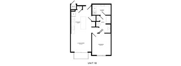 A black and white image of a floor plan for a one bedroom apartment.