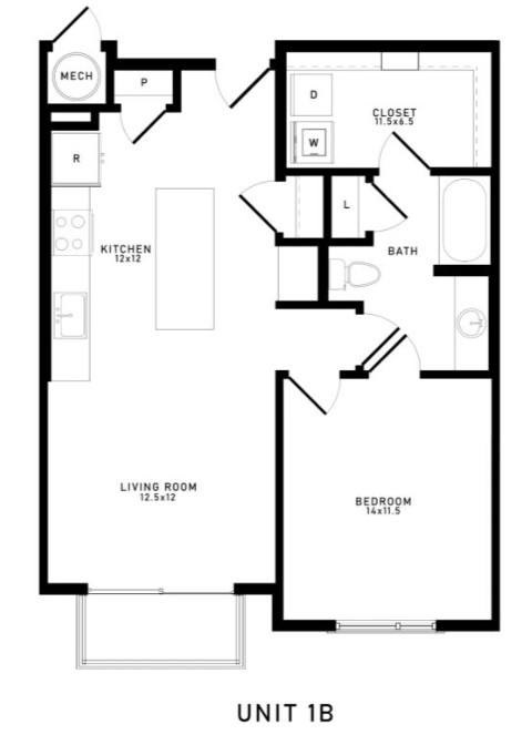 A black and white image of a floor plan for a one bedroom apartment.