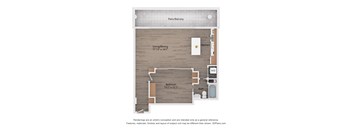 A floor plan of a house with a living room, dining room, kitchen, bedroom, bathroom, and a workspace.
