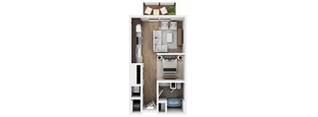 A floor plan of a small apartment with a kitchen, living room, and bathroom.