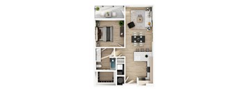 A top-down view of a small apartment with a living room, kitchen, and bathroom.