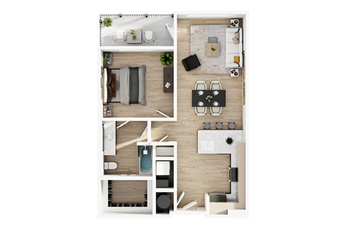 A top-down view of a small apartment with a living room, kitchen, and bathroom.