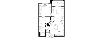 A floor plan of a house with a living room, dining room, kitchen, and bathrooms.