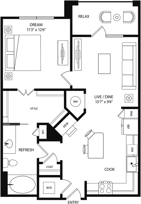 A floor plan of a house with a living room, dining room, kitchen, and bathrooms.