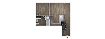 A floor plan of a room with a kitchen, living room, and bathroom.