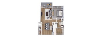 A top-down view of a modern apartment layout with a living room, kitchen, and bathroom.