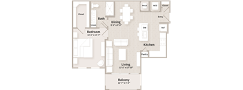 A floor plan of a house with a living room, dining room, kitchen, and two bedrooms.