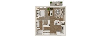 A floor plan of a small apartment with a kitchen, living room, and bathroom.