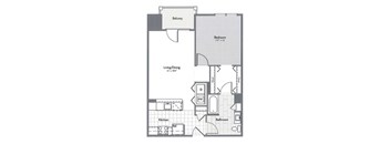 A floor plan of a small apartment with a living room, dining room, kitchen, bathroom, bedroom, and balcony.