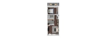 A top-down view of a small apartment with a kitchen, living room, and bathroom.
