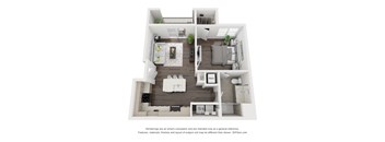 A 3D floor plan of a house with a kitchen, living room, dining room, and bathroom.