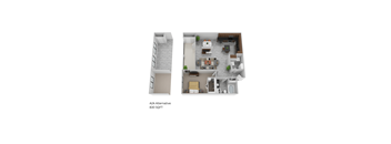 A 3D floor plan of a small apartment with a loft area.