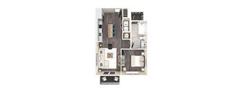 A floor plan of a house with a living room, kitchen, and bathroom.