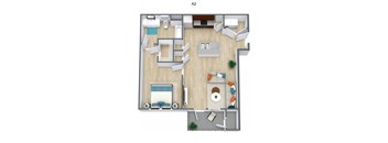 A 2 bedroom apartment with a living room, kitchen, and bathroom.