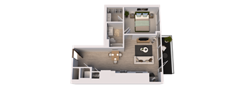 A 3D floor plan of a small apartment with a bedroom, living room, and kitchen.