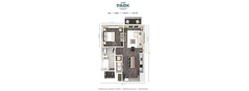 A floor plan for a 1 bedroom, 1 bathroom apartment at 445 Park Commons.