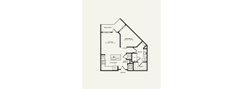 A black and white floor plan of a house with a balcony, living room, bedroom, bathroom, kitchen, mud-room, and entry.