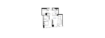 A floor plan of a small apartment with a kitchen, living room, and one bedroom.