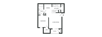 A floor plan of a house with a living room, dining room, kitchen, bedroom, and bathroom.