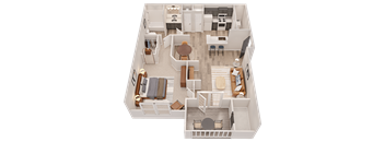 A top-down view of a well-furnished apartment.