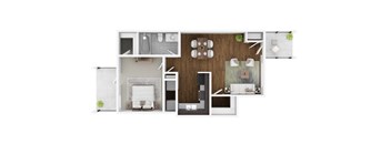 A top-down view of a modern apartment layout with a kitchen, living room, and bedroom.