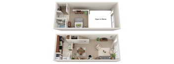 A 3D floor plan of a two-story apartment with a living room, kitchen, and bedrooms.