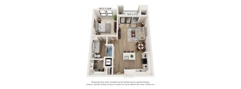 A 3D floor plan of a small apartment with a kitchen, living room, and bathroom.