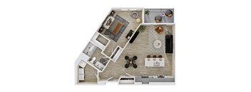 A top-down view of a modern apartment layout with a kitchen, living room, and dining area.