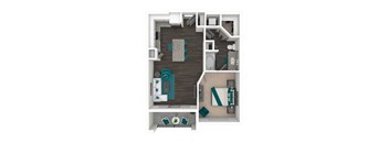 A floor plan of a house with a living room, kitchen, dining room, and bathrooms.