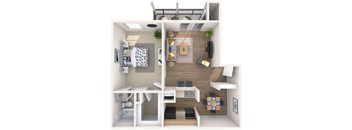 the living room of this apartment is spacious and has a wood floor