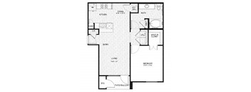 A black and white floor plan of a house with a living room, kitchen, bathroom, and bedrooms.