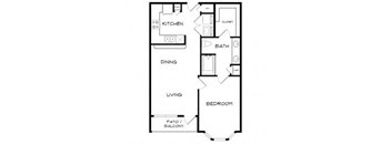 A floor plan of a home with a kitchen, living room, dining room, bedroom, bathroom, and closet.