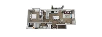 A 3D rendered image of a house layout.