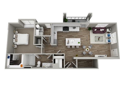 A 3D rendered image of a house layout.