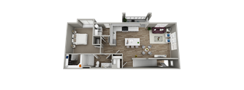 A 3D rendered image of a house layout.