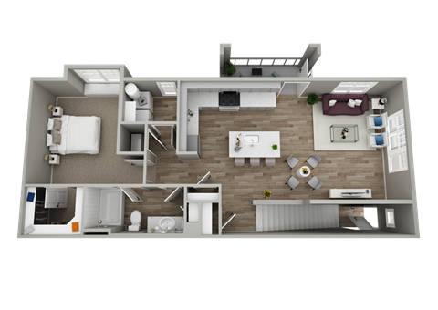 A 3D rendered image of a house layout.