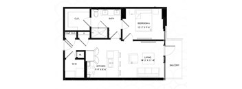 A black and white image of a floor plan for a small apartment.